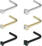 [Lcolyoli] Black Nose Studs Surgical Steel Nose Piercing Jewelry 20G 18G L Shaped Nose Rings for Women 1.5mm/2mm Cubic Zirconia End