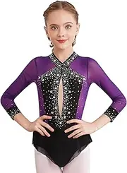 [Aislor] Kids Girls Mesh Patchwork Shiny Diamond Rhythmic Gymnastics Dance Leotard Figure Ice Skating Jumpsuit Bodysuit