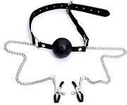Sex Bondage PU Leather Mouth Gag Ball Oral Sex with Chain Clip Nipple Clamps Bondage Sex Toys Adult Games for Couples on Bed Restraints Toys