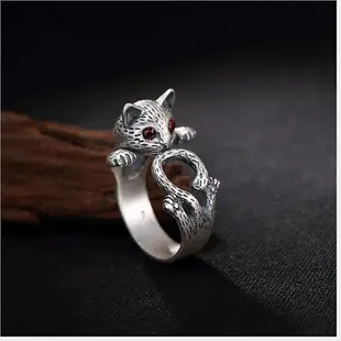 Real 990 Silver Fine Jewelry Handmade Engrave Girls Lovely Cat Opening Finger