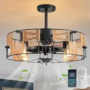 Jaycomey 19.6in Caged Ceiling Fan with Light,Boho Rattan Flush Mount Ceiling Fan,Fandelier Ceiling Fan with Remote,Farmhouse Fan Lights Ceiling Fixtures for Kitchen, Bedroom（6 Speed, Timing）-Black