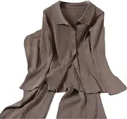 [Tesceses] Solid Sweater Trouser Suits for Women Stretch Flare Sleeve Knitted Top High Waist Pants Two Piece Set