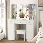 Bedroom Dressing Table and Stool Vanity Set with 10 LED Bulbs Mirror Makeup Desk