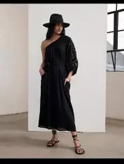 Decjuba Dress Medium Black One Shoulder Midi 100% Cotton BNWT RRP $159.95