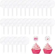 30 Pack 2 Inch Circle Acrylic Cupcake Toppers Blank Cupcake Toppers Sticks for DIY Clear Mini DIY Cake Topper for Birthday Festival Party Wedding Party Cake Decoration