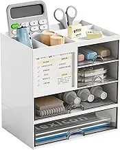 Desk Organizer with Drawers, 3 Drawers Storage Organizer,Desk Organizers and Storage with 5 Compartments, Desktop Organizer for Office Home Art Supplies (White)