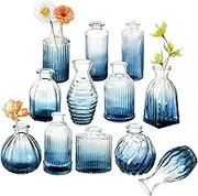 Blue Vase, Bud Vases Set of 12, Gradient Blue Glass Vase Vintage Flower Vase for Decor Ribbed Small Bud Vases in Bulk Cute Wedding Birthday Party Centerpieces Table Decoration Home Decor Vase