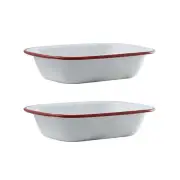 2x Urban Style Enamelware 20cm Pie Dish Rectangle Snack Container w/ Red Rim WHT