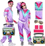 [HarnyLoom] 80s 90s Outfit Years Women's Men's Costume Retro Tracksuit Disco Fancy Dress with Headband Bracelets Costume for Halloween Carnival Party (Colour 2, M)