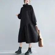 Women Loose Oversize Asymmetric Dress High Neck Patchwork Long Sleeves Gown