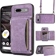 Phone Case for Google Pixel 7A 5G 2023 Wallet Cover with Crossbody Shoulder Strap and Leather Credit Card Holder Pocket Slim Stand Cell Accessories Mobile Flip Purse Pixel7A A7 Women Girls Purple