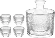 6 Pcs Glass Sake Sets with Warmer Japanese Elegant Clear Unique Sake Carafe Sets Including 1 Bottle (10.5oz) 4 Saki Cups (1.69oz) and 1 Tank (19.6oz) for Cold Warm Sake (Transparent)
