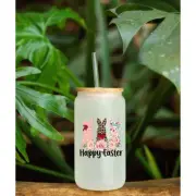 Happy Easter | Three Bunnies with Bows | 16oz Libby frosted Glass with bamboo Li