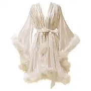 Women's Sexy Feather Robe, Short Chiffon Illusion Sleepwear Nightgown-i White 18