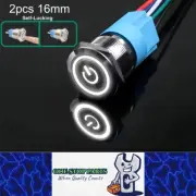 2 x 16mm Metal Push Button Switch White LED 12-24V Pre-Wired Self-Locking Switch