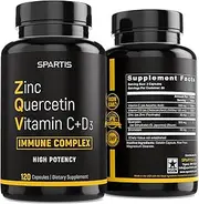 Zinc Quercetin 500mg with Vitamin C Vitamin D3 Bromelain Immune Support High Potency Anti Inflammatory Quercetin Zinc Supplement Immunity Booster ZQV Immune Complex (120-Ct)