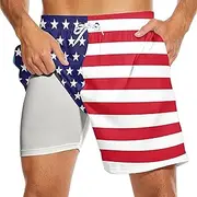 [BAPRRJY] Mens Swim Trunks with Liner Breathable Compression Swim Shorts with 3 Pockets Flag Bathing Suit for Beach