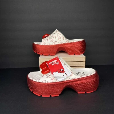 New Crocs x Hello Kitty Stomp Slides 8 Womens White Red Metallic Soles Platforms
