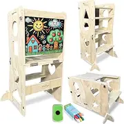 MIMIKAYE 3-in-1 Foldable Learning Tower for Toddlers, Wooden Montessori Kitchen Step Stool with Chalkboard, Convertible Table & Chair, Kitchen Helper Ladder for Kids Ages 1-6 Child Gift