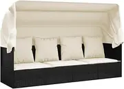 vidaXL Outdoor Lounge Bed - Adjustable and Foldable Roof, Weather-Resistant Poly Rattan Design, Powder-Coated Steel Frame, Comfortable Cushions - Black