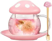 Tea Mug Milk Glass Coffee Cup with Strainer Filter Infuser for Loose Leaf Tea Mushroom Design Cute and Heat Resistant (290ML 9.6oz) (Pink)