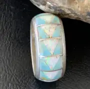Mens Blue Turquoise Opal Navajo Sterling Silver Inlay Ring Size 11 12566