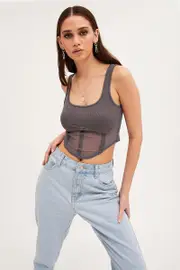 Grey Mesh Patchwork Tank Top Corset Top - Size S/M, Women's Top