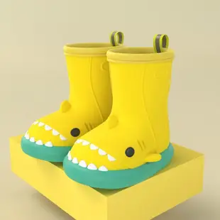 兒童 雨鞋 高筒 立體 可愛高顔值雨靴卡通鯊魚兒童雨鞋1-3到6嵗小朋友高筒防水鞋子