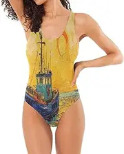 [RPLIFE] Boat Sunset Oil Painting Style Women’s Bathing Suit, One-Piece Swimsuit Low Back Breast Lifting Bathing Suit