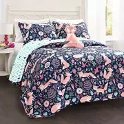 Pixie Fox Reversible Quilt Set, 3 Piece Set - Bedding Sets Twin Navy & Pink