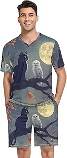 [GAIREG] Cute Men's Pajamas Sleep Set Short Sleeve V Neck Sleepwear 2Pcs Pajamas Set S-XXL, Black Cat White Owl, M, Black Cat White Owl, M, Black Cat White Owl, M