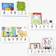 POVETIRE Nursery Book Shelves - Set of 4 Alphabet Wall Mounted Kids Bookshelf, White Scalloped Shelves，Wood Floating Shelves for Mount Baby Room,Boho Decor for Toddler Bedroom, Neutral Nursery Decor