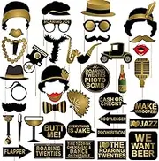 Seasons Stars SSDecor Roaring 1920's Party Photo Booth Props 42pcs, Gold Floral Cardstock Props Kit for Gatsby Vintage Jazz Party