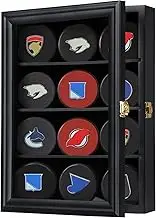 Odjaraye 12 Hockey Puck Display Case Wall Mount Puck Holder Display Case Lockable Wood Cabinet Shadow Box with Real Glass Door,Black