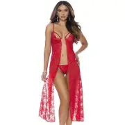 Lace Gown Strappy Demi Cups Open Front Back Underwire Panty Set Sheer Red 11052