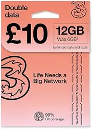 PrePaid Europe (UK Three) sim Card 12GB Data+3000 Minutes+3000 Texts for 30 Days with Free Roaming/USE in 71 Destinations Including All European Countries