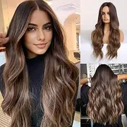 HAIRCUBE Long Hair Wigs for Women Ombre Brown Synthetic Curly Hair Wig Middle Parting