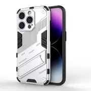 For iPhone 15 Pro Shockproof Dual-Layer Stand Cover - White