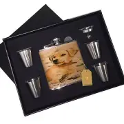 Labrador Retreiver Cute Puppy Leather Flask Black Box Gift Set