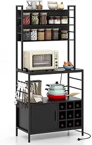 Giantex 170 cm Bakers Rack with Power Outlet, Coffee Bar Cabinet with S-Shaped Hooks & Wine Bottle Holders, Heavy-Duty Metal Frame, Microwave Stand with Storage Cabinet for Kitchens (Black)