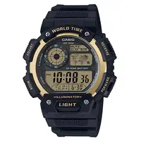 在飛比找PChome24h購物優惠-【CASIO】10年電力世界地圖運動數位電子錶-金(AE-1