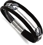 [JewelryWeb] Stainless Steel Polished Multi Strand Black Leather And Black And Grey Cotton ID Bracelet 5mm Wide 21 Centimeters Identification-Bracelet for Women