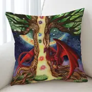 Fantasy Art Morning vs Night Tree and Red Dragon Cushion Cover