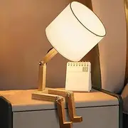 Bedside Lamp with Fabric Shade，Cute Desk Unique Lamp,Wooden Bedside Table Lamps Fun Quirky Robot Lamp Whimsical Cute Light for Home,Dorm Room,Kids Room,Office,Gift, E27 Bulb Base