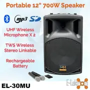 E-Lektron EL-30M UHF 12" inch 700W Bluetooth linkable Portable PA Speaker 2 Mics