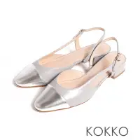 在飛比找Yahoo奇摩購物中心優惠-KOKKO心機鞋側鏤空設計小香風拼接低跟半包鞋羊皮灰藍色