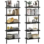 Ladder Shelf 2PCS Open Bookshelf 5-Tier Wood Wall-Mounted Black Bookcase Stor...