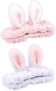 Kuskins 2 Pack Bunny Ears Headbands Face Wash Headbands for Women, Cute Rabbit Ears Skincare Headband, Soft Flannel Makeup Head Wrap Headband Spa Headband, Elastic Hair Band for Washing Face Bath SPA