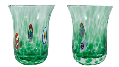 Pair of Murano Glasses Drinking Tumblers Green Multi Handmade Millefiori
