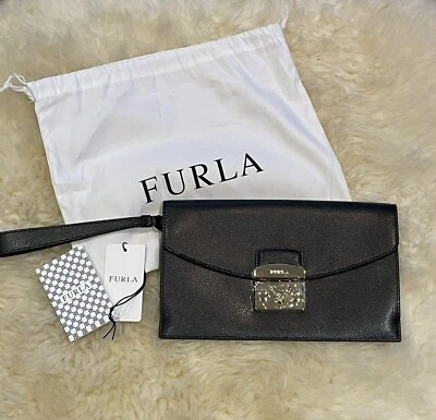 Furla Clutch Wristlet Metropolis Envelope Black Leather Brand New Sold Out